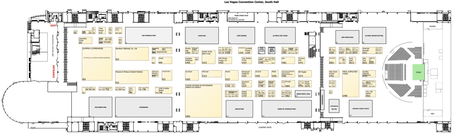 LVCC South Hall floor plan for Olympia Expo 2026, showing 154 exhibitor booths.