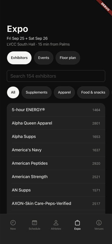 Olympia Weekend expo screen with a searchable list of 154 exhibitor booths