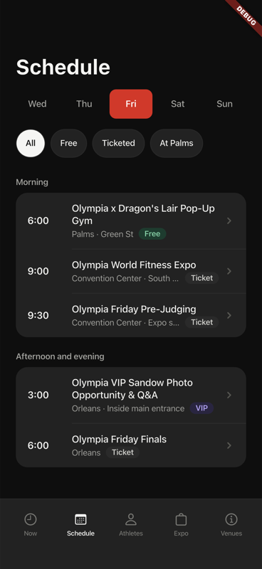 Olympia Weekend schedule screen showing sessions filtered by day and division